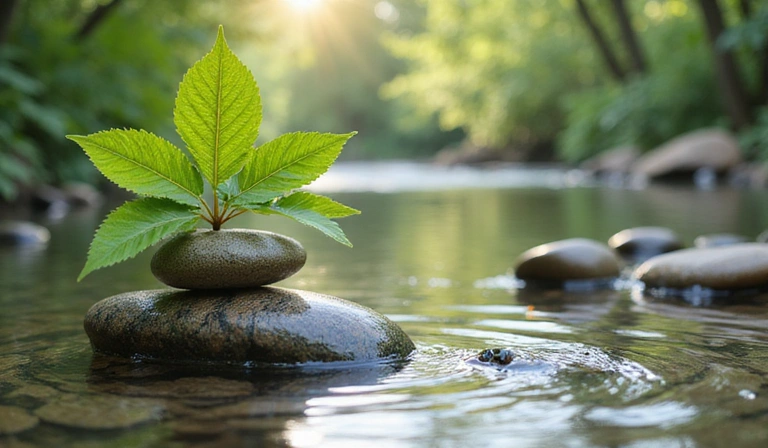 A balanced composition of natural elements like leaves, water, and stones, symbolizing holistic health and balance.