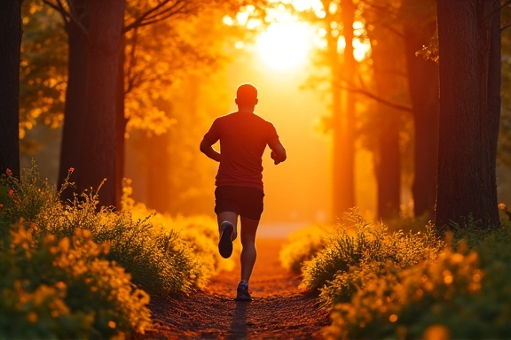 Man trail running through a vibrant forest, embodying an active lifestyle.